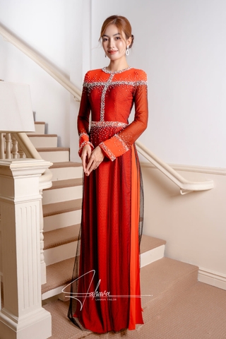 Áo dài đi tiệc cam phối lưới hiện đại