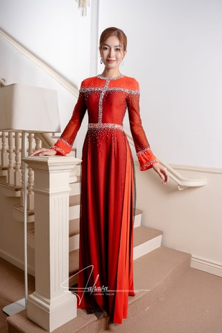 Áo dài đi tiệc cam phối lưới hiện đại