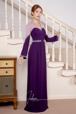 Áo dài dự tiệc tím phối lưới trẻ trung