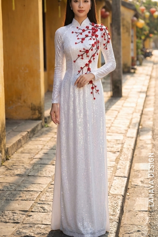 Áo dài trắng vải kim sa đính kết hoa ấn tượng