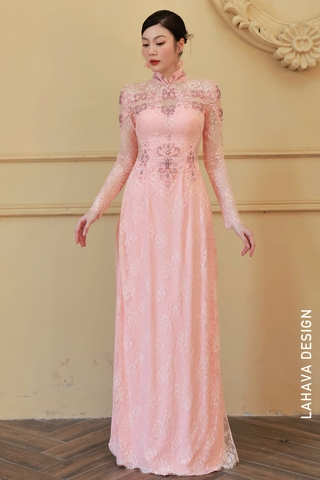 Áo Dài Cưới Ren Màu Hồng Dâu Đính Kết Hoàng Gia