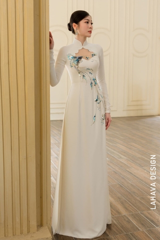 Áo dài cắt khoét đính kết phượng hoàng cao cấp