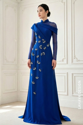 Áo Dài Dạ Hội Xanh Coban Đính Kết Hoa Bồ Công Anh Tinh Xảo