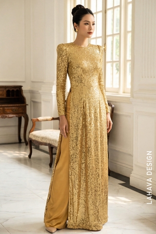 Áo dài đi tiệc kim sa tay nhún cách điệu