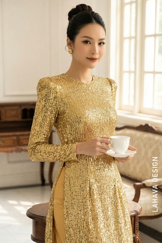 Áo dài đi tiệc kim sa tay nhún cách điệu