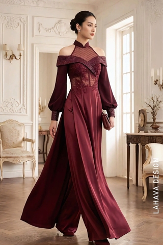 Áo Dài Cách Tân Dạ Hội Màu Đỏ Rượu Quyến Rũ