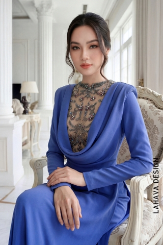 Áo Dài Cách Tân Màu Xanh Coban Với Phần Cổ Đổ Và Đính Kết Cao Cấp