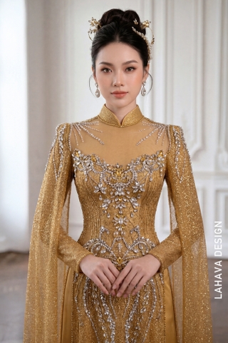 Áo Dài Cưới Vàng Kim Đính Đá Cao Cấp Với Tà Choàng Quyền Quý