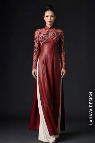 Áo Dài Da Cách Tân Đỏ Đô Đính Đá Thủ Công