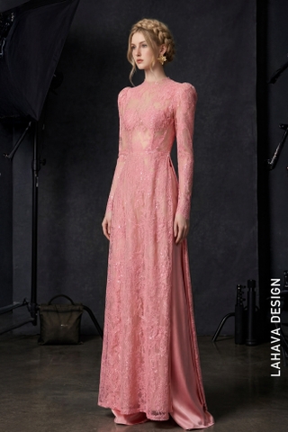 Áo Dài Ren Hồng Pastel Đính Kim Sa Sang Trọng