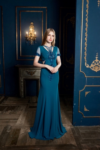 Đầm dạ hội tay ngắn đuôi cá kết cườm cao cấp - S