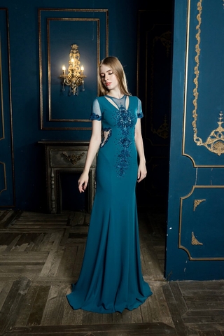 Đầm dạ hội tay ngắn đuôi cá kết cườm cao cấp - S