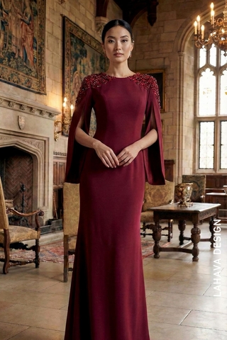 Đầm Dạ Hội Màu Đỏ Rượu Dáng Tay Choàng Đính Kết Cầu Vai