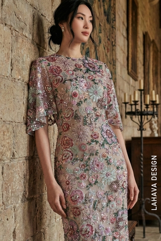 Váy dạ hội hoạ tiết hoa 3D lấp lánh