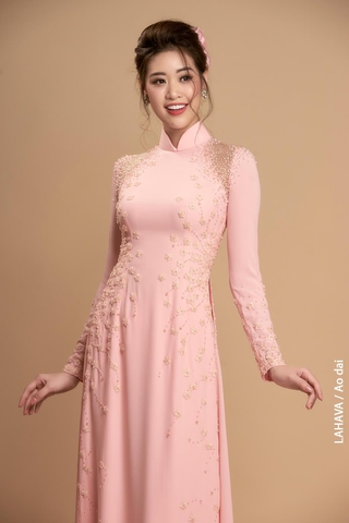 Áo dài cưới màu hống phối ren ngọt ngào
