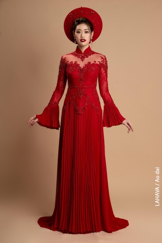 Áo dài đỏ tà xếp ly cao cấp