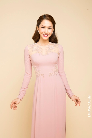 Áo dài cách tân cổ tròn phối ren thêu