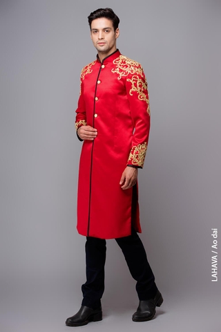 Áo đỏ phối ren đồng nam tính - sale