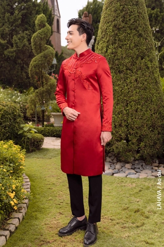 Áo dài đỏ phối ren hiện đại - sale