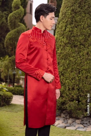 Áo dài đỏ phối ren hiện đại - sale