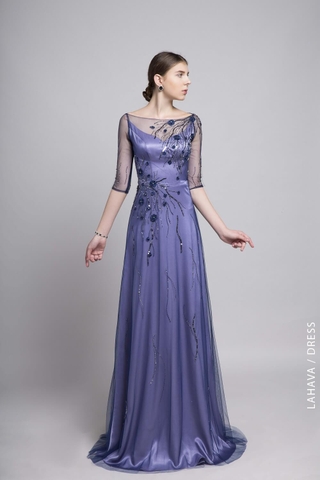 Váy dạ hội cổ thuyền tay lửng kết ren nhẹ nhàng