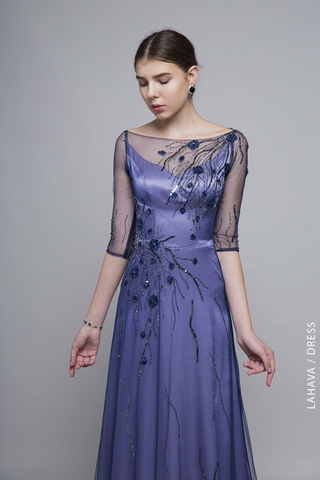 Váy dạ hội cổ thuyền tay lửng kết ren nhẹ nhàng