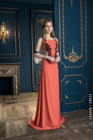 Váy dạ hội màu cam đính kết cao cấp