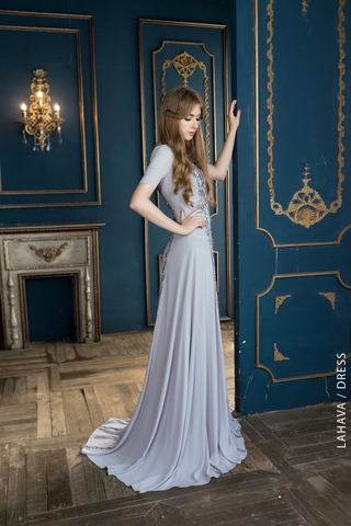 Váy dạ hội xám tay ngắn đính kết tinh tế