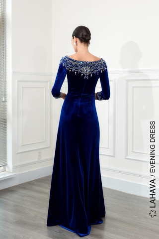 Đầm dạ hội nhung cổ thuyền kết hạt cao cấp