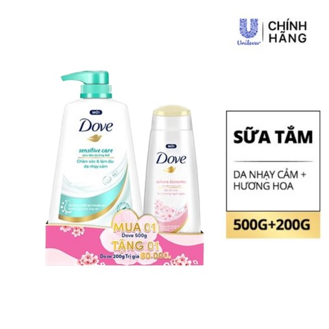 Sữa Tắm Dove Dưỡng Ẩm/ Hương Hoa/ Chắm Sóc Da Nhạy Cảm 500G (Tặng Chai 200G Hương Hoa)