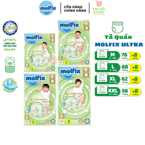 Tã/Bỉm Quần Molfix Ultra Thiên Nhiên Cho Bé - Size M84/ L76/ XL70/ XXL64