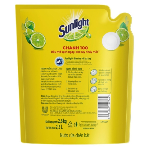 Nước Rửa Chén Bát Sunlight Chanh Vàng 100 - Túi 2.6KG