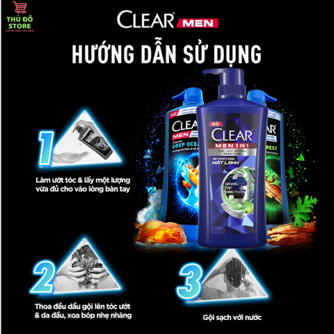 Dầu Gội Đầu Clear Men Cho Nam 3 Trong 1 Tắm-Gội-Dưỡng Active Cool - 630G