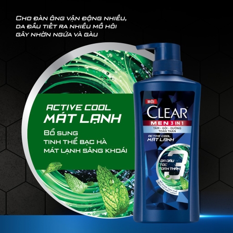 Dầu Gội Đầu Clear Men Cho Nam 3 Trong 1 Tắm-Gội-Dưỡng Active Cool - 630G