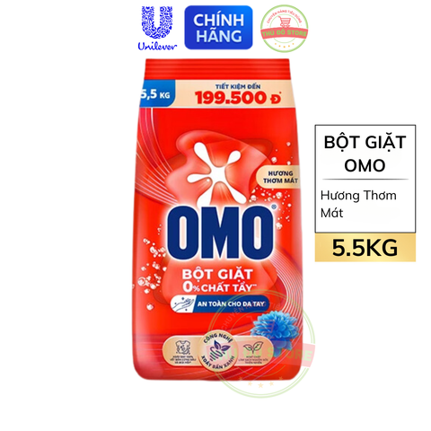 Bột Giặt Tay OMO Đỏ Xoáy Bay Vết Bẩn Cứng Đầu Và Mùi Hôi - Túi 5.5KG