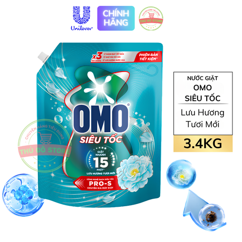 Nước Giặt OMO Siêu Tốc Dành Cho Chu Trình Giặt Nhanh Lưu Hương Tươi Mới (Xanh) - Túi 3.4KG