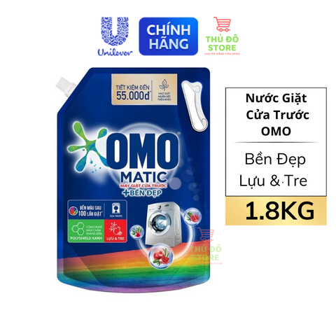 Nước Giặt OMO MATIC Cửa Trước | Cửa Ngang Xanh Bền Đẹp Lựu & Tre - Túi 1.8Kg