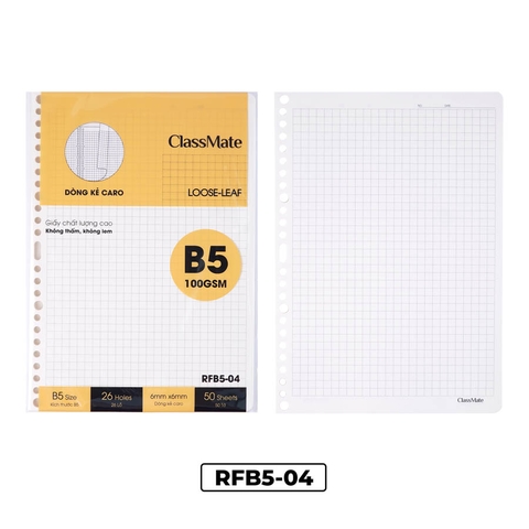 Giấy viết RFB5-04, Ruột thay thế sổ binder, khổ B5, kẻ caro 6x6 nét đứt, ĐL100gsm, 50 tờ/túi