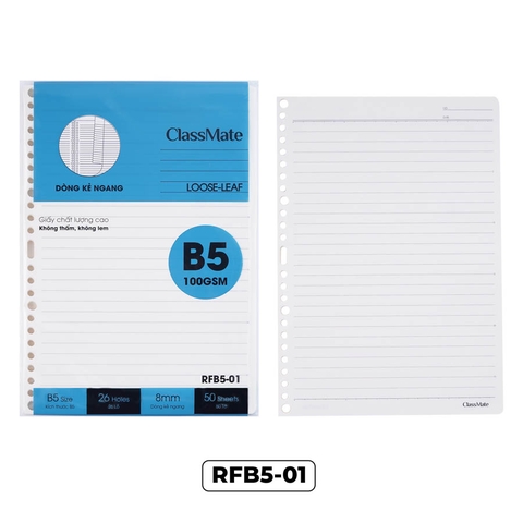 Giấy viết RFB5-01, Ruột thay thế sổ binder, khổ B5, dòng kẻ ngang, ĐL100gsm, 50 tờ/túi