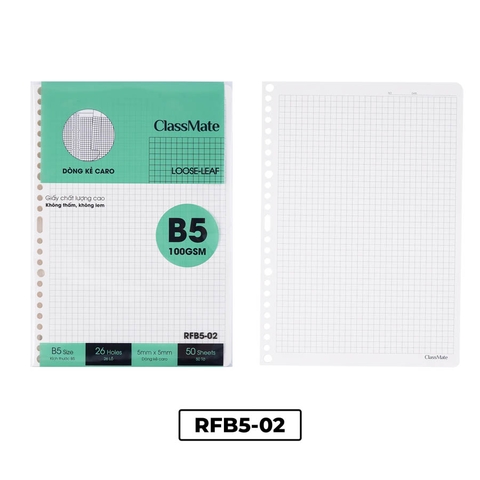 Giấy viết RFB5-02, Ruột thay thế sổ binder, khổ B5, dòng kẻ caro 5x5, ĐL100gsm, 50 tờ/túi