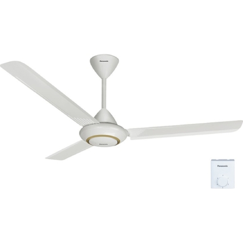 Quạt trần Panasonic F-56MPG-S: 3 cánh màu trắng viền vàng, Có Điều khiển, chiều dài ti 18inch ( gần 45.7cm) , Đường kính cánh 150cm