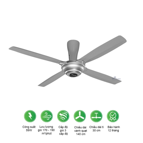 Quạt trần Panasonic F-56MPG-S: 4 cánh màu bạc, Có Điều khiển, chiều dài ti 40cm, Đường kính cánh 140cm