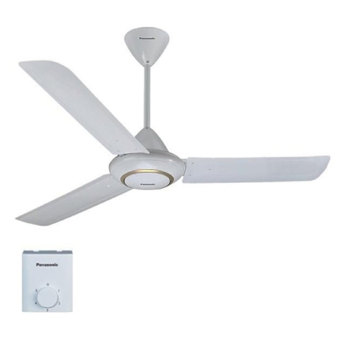 Quạt trần Panasonic F-56MPG-S: 3 cánh màu trắng viền vàng, Có Điều khiển, chiều dài ti 18inch ( gần 45.7cm) , Đường kính cánh 150cm