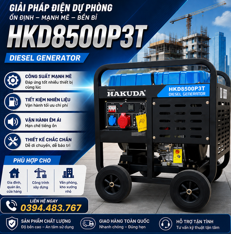 Máy Phát Điện Chạy Dầu HAKUDA 8kW HKD8500P3T (3 Pha) – Giải Pháp Năng Lượng Mạnh Mẽ Cho Sản Xuất