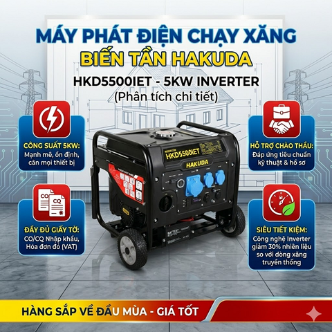 Máy phát điện chạy xăng biến tần HAKUDA 5KW HKD5500IET Inverter – Mạnh mẽ, tiết kiệm, phù hợp nhiều nhu cầu