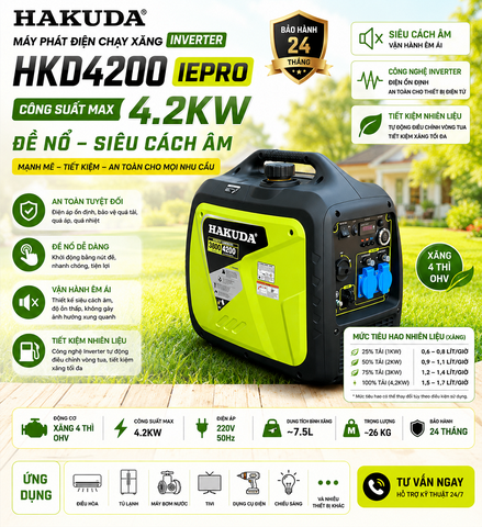 Đừng để tiếng ồn máy phát điện làm phiền hàng xóm! Khám phá ngay HAKUDA HKD4200IPRO 4.2kW – dòng máy phát điện biến tần siêu cách âm