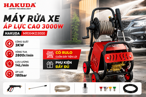 Rửa xe trong một nốt nhạc: Máy rửa xe áp lực cao HAKUDA 3000W MRXHKD3000 rulo cuộn