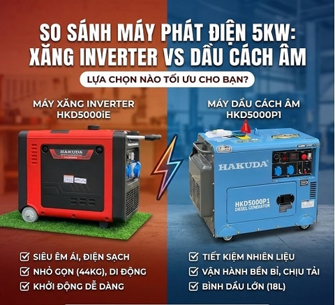 Nên Chọn Máy phát điện 5KW chạy xăng hay chạy dầu? so sánh HAKUDA HKD5000iE và HKD5000P1