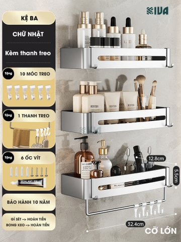 Kệ góc nhôm hàng không KIVA màu bạc, kệ để đồ nhà tắm lắp đặt dán tường, khoan tường