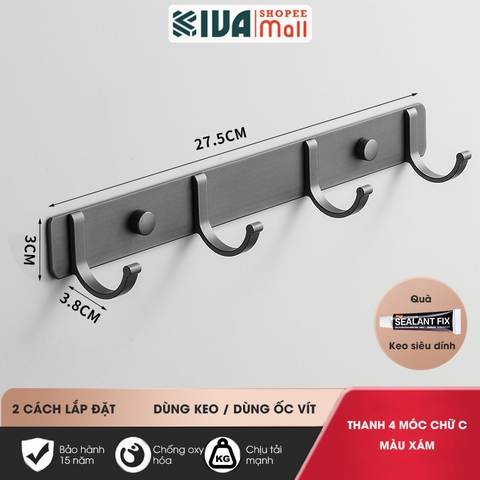 Móc Dán Tường Chữ C Treo Đồ Chịu Lực Siêu Dính KIVA Chất Liệu Nhôm Hàng Không, Lắp Đặt Không Cần Khoan.